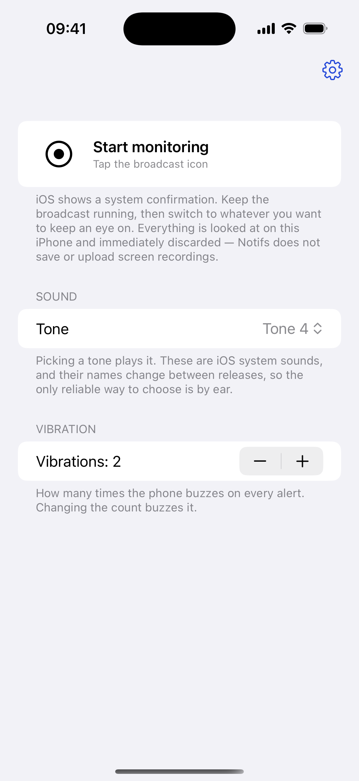The Notifs main screen on an iPhone